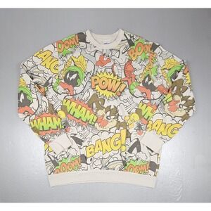Looney Tunes Sweatshirt Mens 2XL Tan Y2k AOP Crewneck Tweety Bugs Taz Marvin